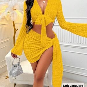 SHEIN Yellow Knit Jacquard Tie-Front Mini Skirt Set
